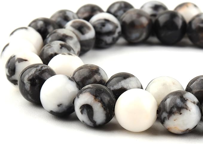 Natural Stone Beads for Jewelry Making - 8mm Gemstone Round Beads for Bracelets(45-47pcs, Black White Zebra)