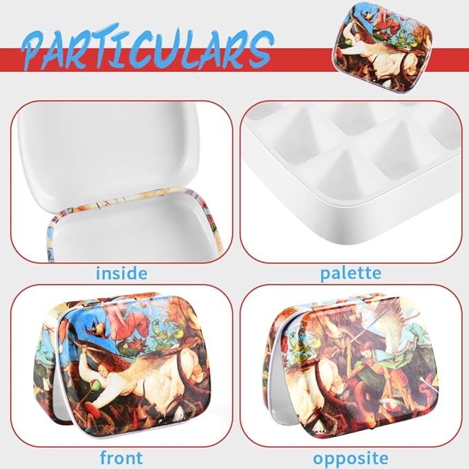 Portable Mini Tin Box 12-Well Empty Watercolor Palette Paint Mixing Tray is a Small Storage Kit with Magnetic Clip and Oil Pot,Making it Outdoor Sketching and DIY Painting.Space and Time Walk
