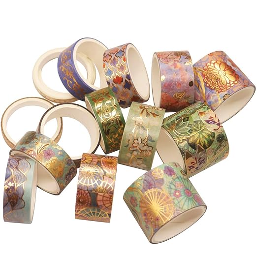 YUBBAEX Splendid Gold Washi Tape Set Embroidery Pattern Foil Decorative Tapes for Arts, DIY Crafts, Journal Supplies, Planners, Scrapbook, Card/Gift Wrapping -15 Rolls- (Splendid Embroidery)