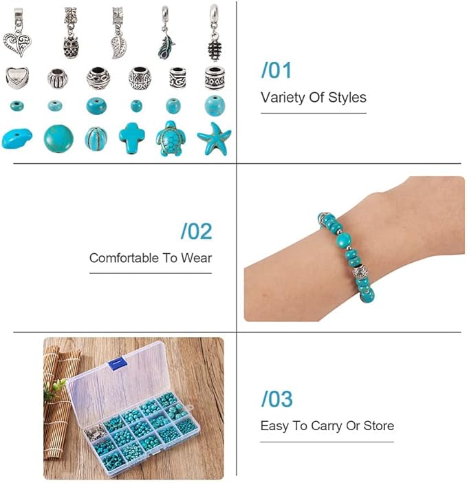 FASHEWELRY Turquoise Bead Bracelet Making Kit Green Stone Beads in Round, Flat Round, Rondelle, Cross, Turtle, Starfish, Chip Shape & Tibetan European Beads & Dangle Charms for Bohemian Jewelry