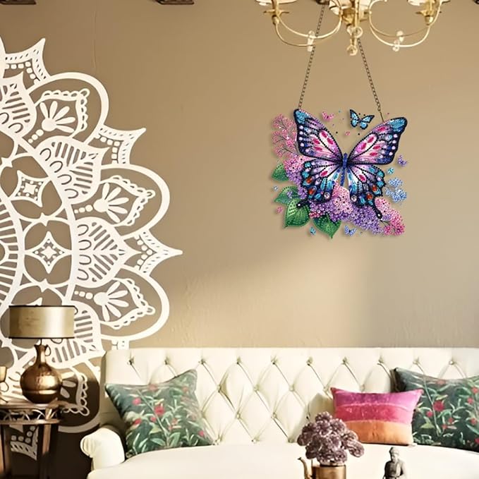 STGLCR Butterfly Diamond Art Hanging Kit for Adult,Special Shaped DIY Acrylic 5D Flowers Diamond Art Painting Window Pendants Home Garden Wall Hanging Kits Hanging Ornament 7.8inch Purple Foral