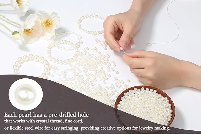 1500Pcs 6mm Pearl Beads with Hole, Loose White Clay Pearl Bead for Crafting Jewelry Making, Tiny Round Cute Acrylic Pearls Beads for Earring Kit, Necklace, Bracelet, Vase Filler, DIY Craft
