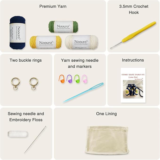 Noocro Crochet Kit Granny Square Shumai Bag, Purse, Complete DIY Kit, Detailed Instructions, Video Tutorials, for Beginners or Intermediate and Advanced Crocheters (Lemon Blue)