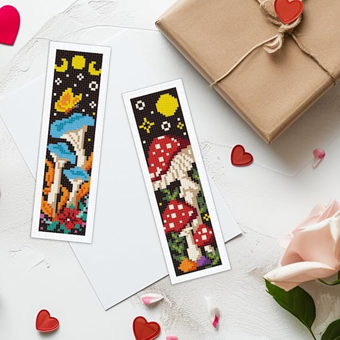 ACRNIGHEET 6PCS Cross Stitch Bookmark Kits Mushroom Pattern Stamped Cross Stitch Kits for Beginners Adults DIY Stamped Embroidery Bookmarks with Instructions Hand Embroidery Craft Gift