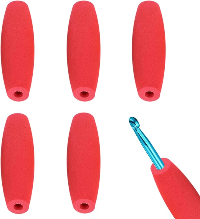 HEYLEAYAR Red Crochet Hooks Grips, 5Pcs Ergonomic Crochet Hook Handle, Foam Grip Handle Crochet Accessories Fits 6.5mm to 7mm Crochet Needles