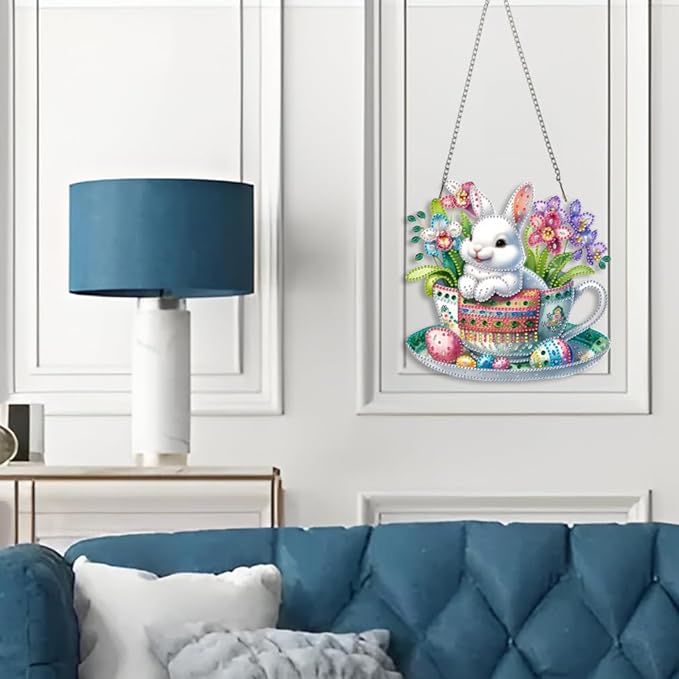 STGLCR Easter Egg Diamond Art Hanging Kit for Adult, DIY Acrylic Rabbit Diamonds Painting Ornament Pendant Board Kit Flower Diamond Painting Window Pendants Home Garden Wall Hanging Kits Ornament
