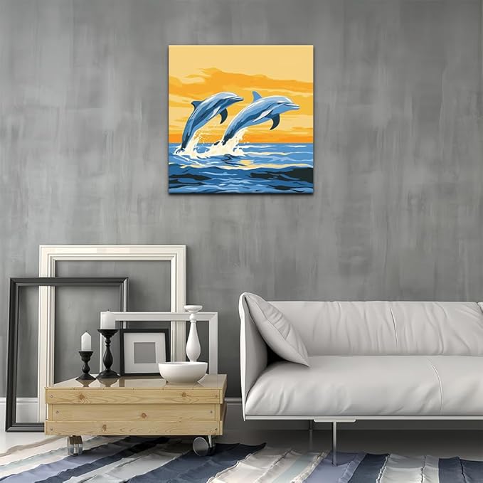 Natuyalo Framed Paint by Numbers Kit for Adults, Dolphin Easy Acrylic Paint by Numbers on Canvas with Paints and Brushes, Animals Arts Crafts Kits for Home Wall Decor (12x12 Inch)