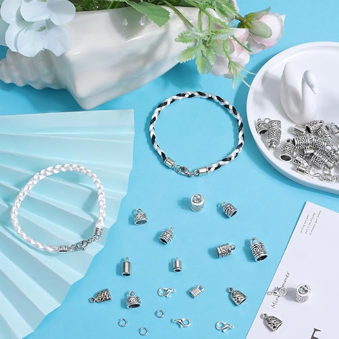 SUNNYCLUE 1 Box 230Pcs Cord End Caps Tibetan Antique Silver Leather Kumihimo Bracelets Supplies Glue in Crimp Tube Barrel End Tip Lobster Clasps Jump Rings Cord Terminator for Jewelry Making Kit