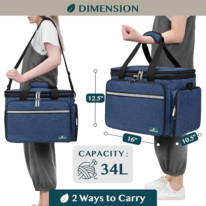 PAVILIA Knitting Bag Yarn Storage Tote, Large Crochet Organizer Bag, Yarn Storage Holder for Crocheting Knitter, Knitting Project Bag, Crochet Accessories Set, Gifts For Crochet Lovers, Heather Navy