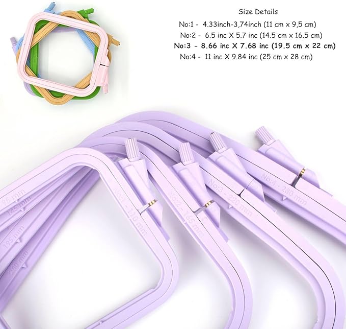 nurge square embroidery hoop - plastic cross stitch frame for needlepoint & embroidery - adjustable craft hoop - lilac - no:3 (medium)