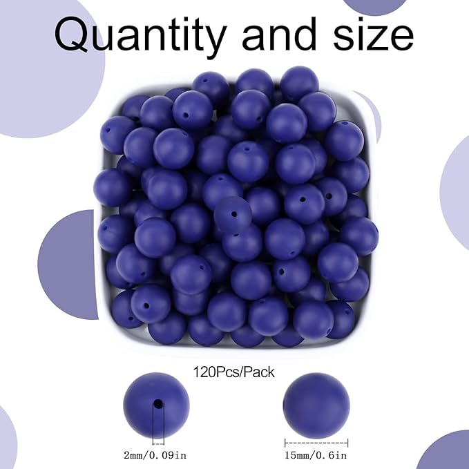 MAIBAOTA 120 Pcs Blue Beads for Bracelets 15 mm Navy Blue Beads for Keychain/Pens/Bracelet/Necklace Making Focal Beads Loose Rubber Round Silicone Beads Bulk for Craft Making（with Boxed Kits）