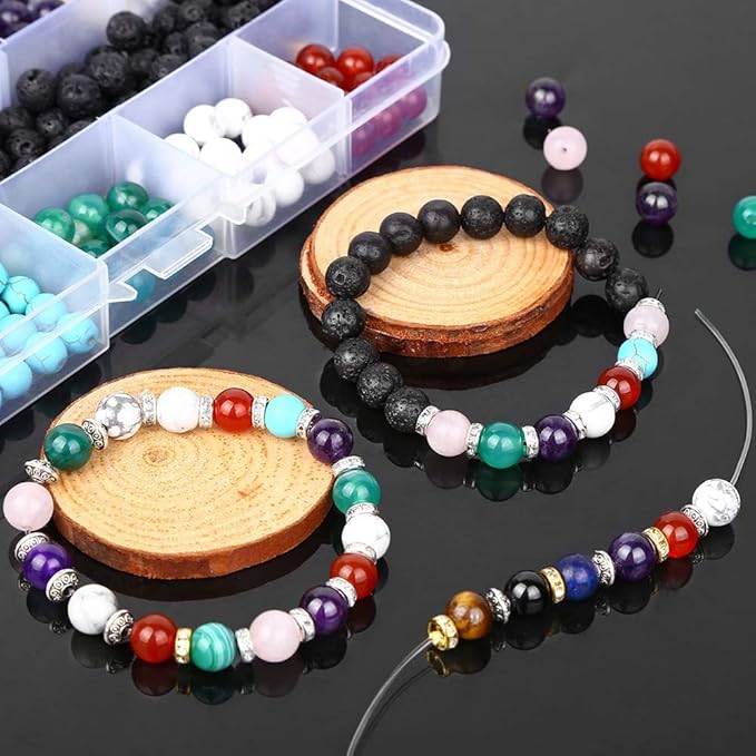 400Pcs Lava Beads Natural Stone Healing Bead Kit, 8mm Black Chakra Beads Spacers Round Crystal Bead for Bracelets Necklace Jewelry DIY Making Kit Supplies