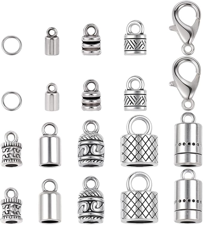 SUNNYCLUE 1 Box 230pcs Leather Cord Ends Kumihimo Cord Ends Alloy Vintage Antique Silver Glue in Crimp End Caps with Lobster Clasps Jump Rings for Jewelry Making Kit Bracelet Accessories Craftings
