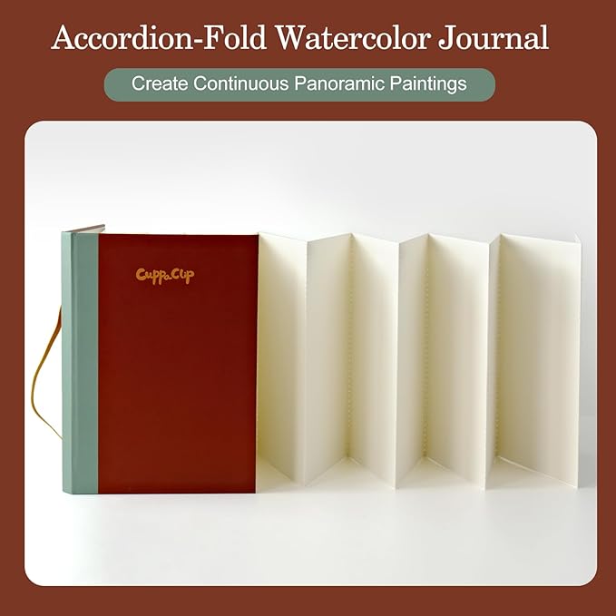 CuppaClip Accordion Watercolour Sketchbook 300GSM Cotton Paper Art Supplies Hardback Concertina Watercolor Travel Journal (Burgundy, 5.3x7.6in)