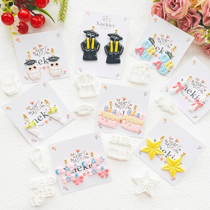 Graduation Polymer Clay Cutters Set - 9pcs Sharp & Durable Class of 2026, Grad, Owl, Cap, Gown, Cake & Star Shapes for DIY Earring Jewelry Making, Soft Clay Crafts & Class Party Supplies