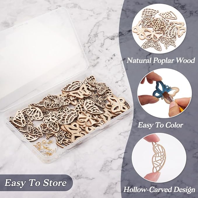 48pcs Wood Butterfly Charms Unfinished Natural Wood Filigree Wing Pendants & 50pcs Earring Hooks & 50pcs Jump Rings for Boho Earring DIY Jewelry Making