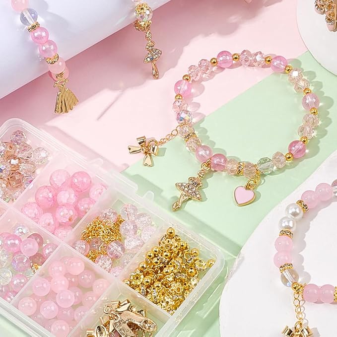 SUNNYCLUE 1 Box DIY 6 Sets Valentine's Day Glass Bead Bracelet Kit Dancer Charms Enamel Pink Heart Rhinestone Dance Dress Shoes Gold Bowknot Charms for Jewelry Making Kits Beginner Wedding Supply