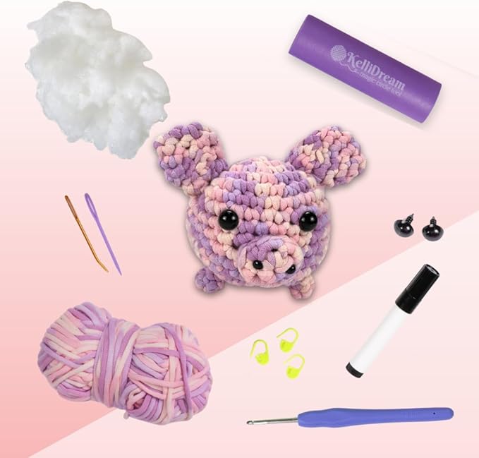 KelliDream Magic Circle Tool Inclusive Learn to Crochet Kit for Beginners; Step-by-Step Video Tutorials; All Supplies to Make Cute Amigurumi (Pig)