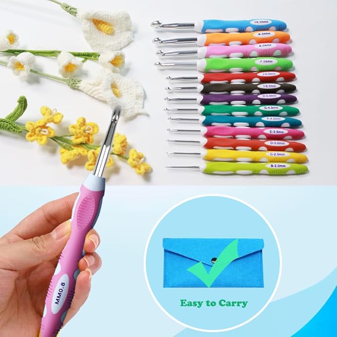 Lewhoo Ergonomic Crochet Hooks Set with Case, 13 Size Crochet Hooks for Arthritic Hands 2.0mm -10.0mm (B-N)