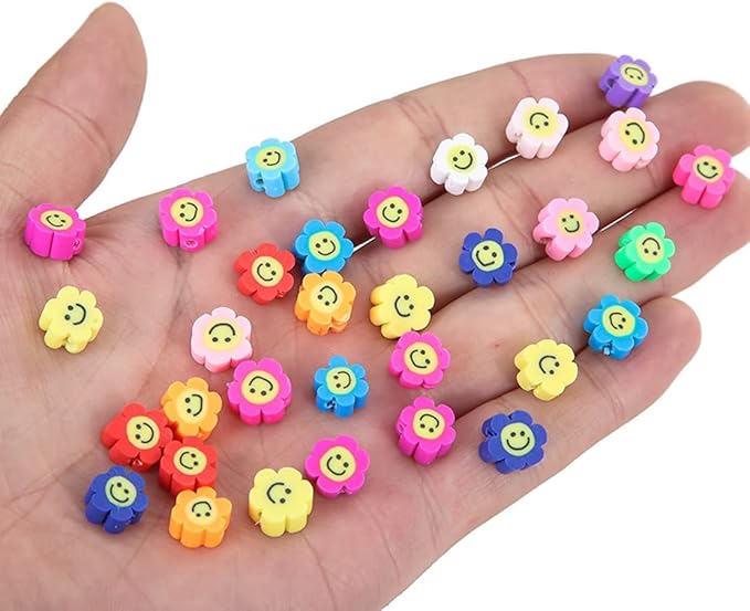 200 PCS Colorful Sun Flowers Beads 10mm Mixed Polymer Clay Smiley Face Beads for DIY Bracelet Necklace Earrings