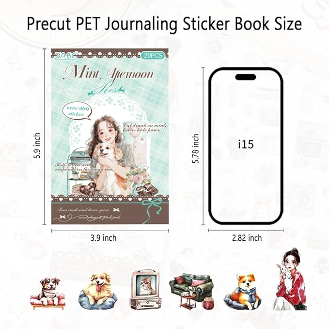 Scrapbook Sticker Book for Scrapbooking and Journaling, People Pet Coffee Theme, 20 Sheets 3.9x5.9 inches, Precut Transparent PET Stickers for Junk Journal Supplies, Collage, Scrap Book