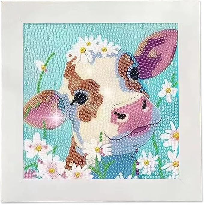 PERFECTSIGHT Cute 5D Diamond Art Kits with Wooden Frame, Kawaii DIY Painting Art for Adults, Diamond Arts and Crafts Sets, Big Gem Full Drill Diamond Dots for Women Beginners (Cow)