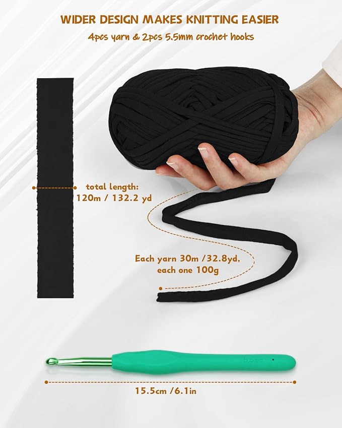 Katech 400g Black T Shirt Yarn - 130 Yards Chunky Thick Fabric for Crocheting Baskets, Hand Bag Decor - Easy to Crochet Polyester Yarn for Beginner Knitting Gifts