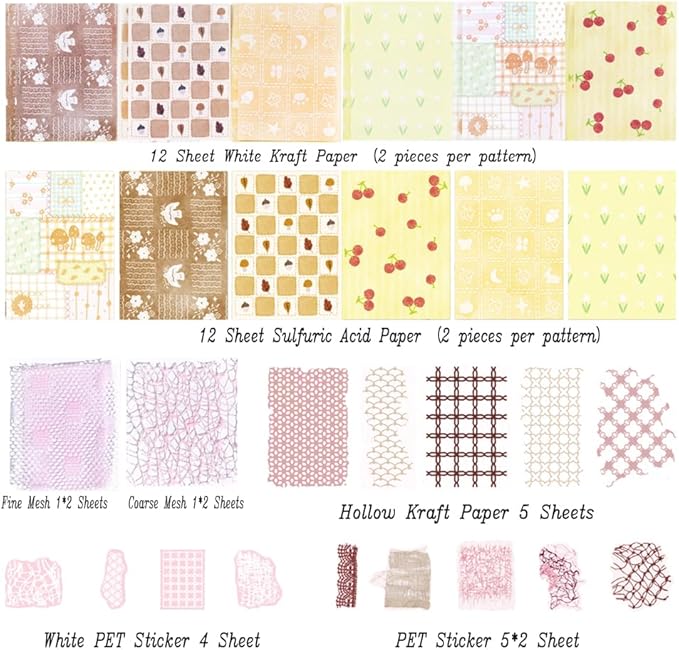 Diuhofart 47 Sheets Scrapbook Textured Papers for Crafts, Pink Theme Hollow Mesh Sticker Decorative Paper, Collage Materials for Junk Journaling Supplies