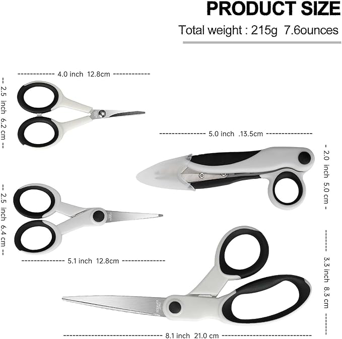 Premium Sewing Scissors Bundle, 8" Heavy Duty Fabric, 5" Embroidery, 4" Small Detail Scissors, 5" Thread Snips, Tailoring, Dressmaking, Quilting, Arts&Craft Supplies, White