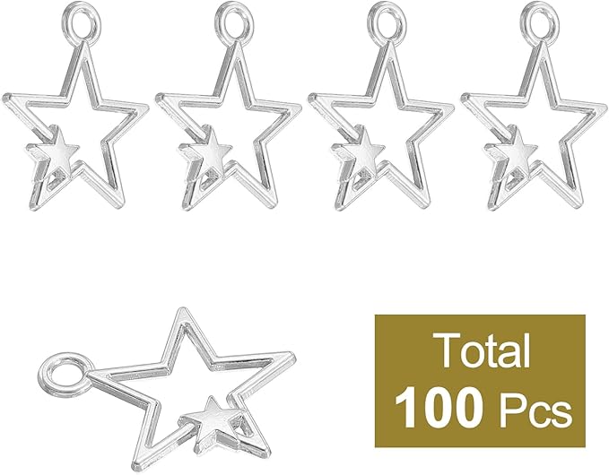 uxcell 100Pcs Alloy Open Bezel Pendants, Star Open Back Hollow Frame Pendant Geometric for Resin Jewelry Making Earrings Necklace Bracelet DIY, Silver