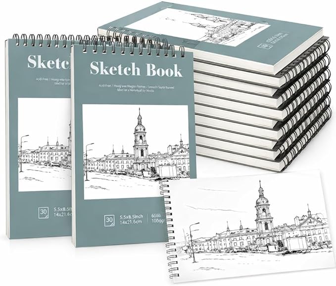 12 pack sketch book, 5.5 x 8.5 inch sketchbook, 68lb/100gsm top spiral bound sketch pad, acid free art supplies drawing painting sketching paper for adults, beginners, artists (30 sheets each)
