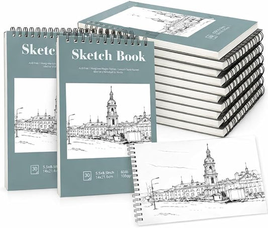 12 pack sketch book, 5.5 x 8.5 inch sketchbook, 68lb/100gsm top spiral bound sketch pad, acid free art supplies drawing painting sketching paper for adults, beginners, artists (30 sheets each)