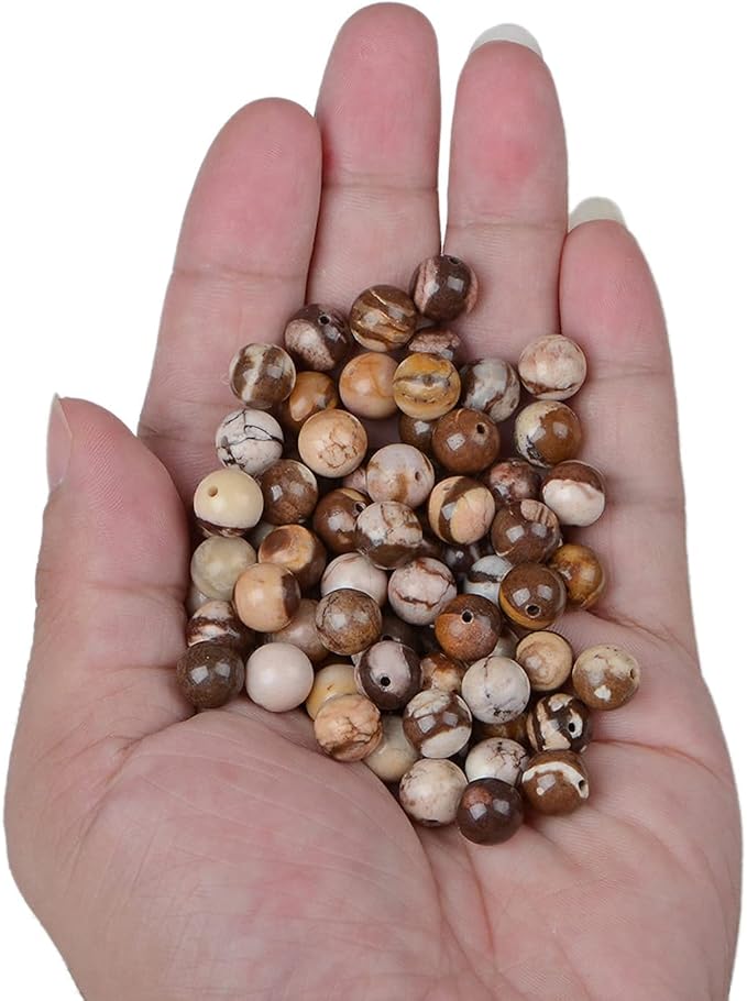 bymitel 140pcs natural crystal beads stone gemstone round energy healing loose beads with stretch cord for jewelry making bracelets anklets (brown zebra jasper, 8mm 140pcs)