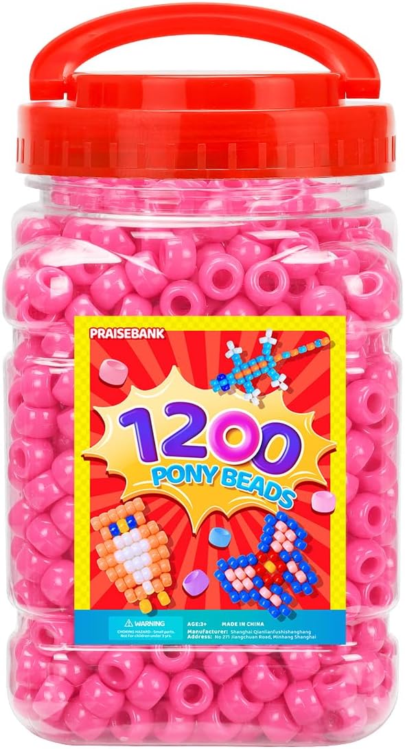 praisebank pony beads, 1200pcs 6x9mm, wholesale beads, bracelets jewelry making, arts & crafts(pink)