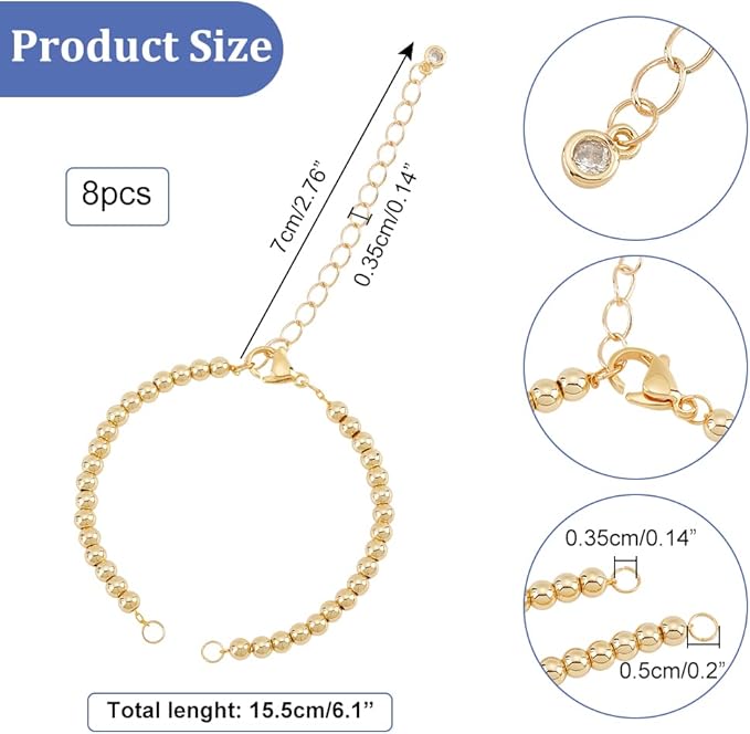 NBEADS 8 Strands Adjustable Bracelet Chain, 6.1" Golden Brass Round Beaded Half-Finished Adjustable Bracelets Extender Chain Stainless Steel Link Bracelets for Jewellery Making DIY Findings