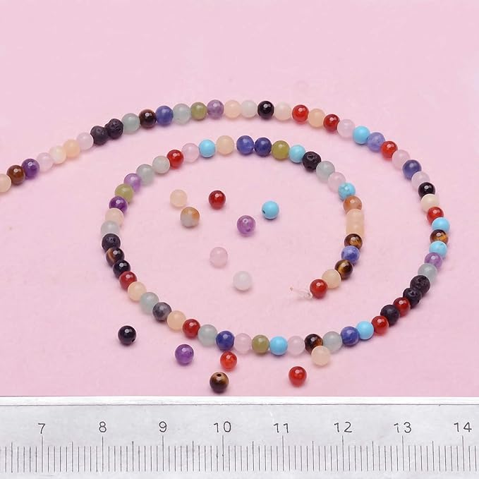 4mm natural mixed materials gemstones beads and brass tiny spacer round loose beads jewelry making kit with thread and needles 300pcs+300 pcs(12 natural 3 brass, 4mm)