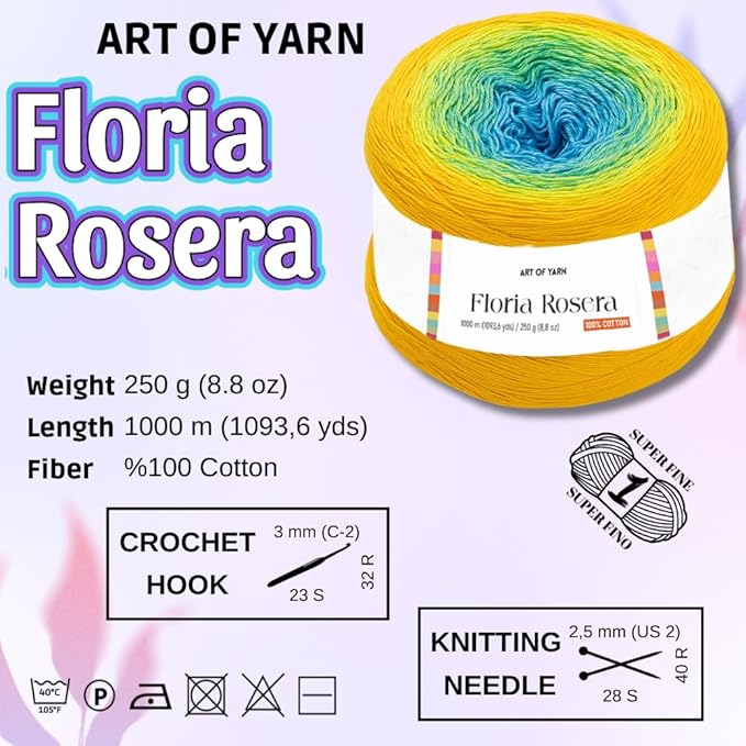 Floria Rosera Ombre 100% Cotton 250g (8.80oz) 1094 Yards Fine 1 Vibrant Multicolor Rainbow for Crochet Knitting Amigurumi Crafts Ideal for Spring Summer Projects Thick Soft