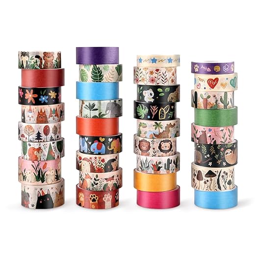 36 Rolls Animal Theme Washi Tape Set, Colorful Cute Adorable Animals Writable Decorative Tapes for Scrapbooking, Junk Journal Supplies, Bullet Journaling, 0.6"x79" per Roll