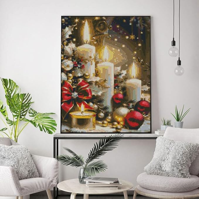 Christmas Candles Stamped Cross Stitch Kits Candles Cross Stitch Patterns,Dimensions Cross Stitch Kits Embroidery Kit Arts and Crafts for Beginners 15.7x11.8 inch
