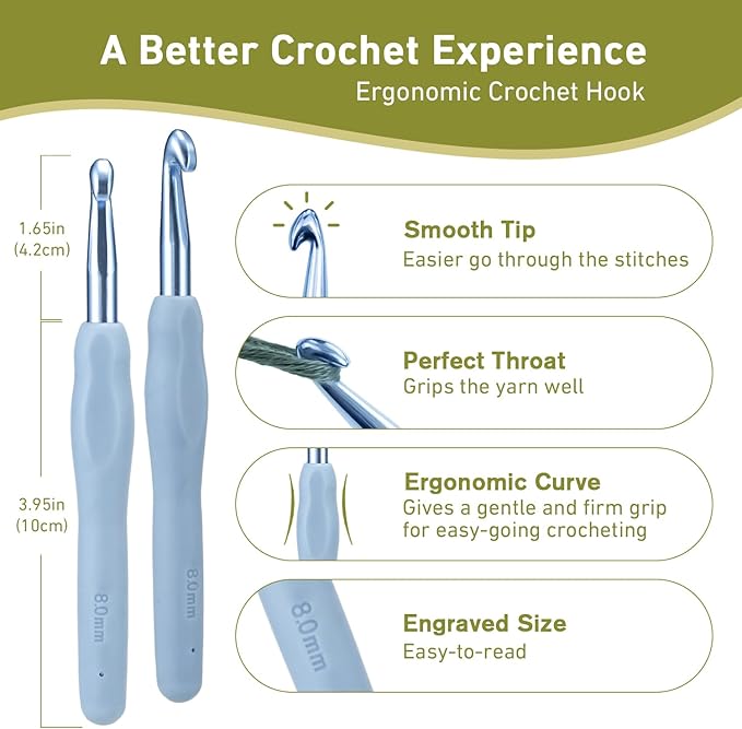 8mm Crochet Hook, Supers Smooth 8 mm Ergonomic Crochet Hooks for Beginner, Comfort for Arthritic, 1 Pack