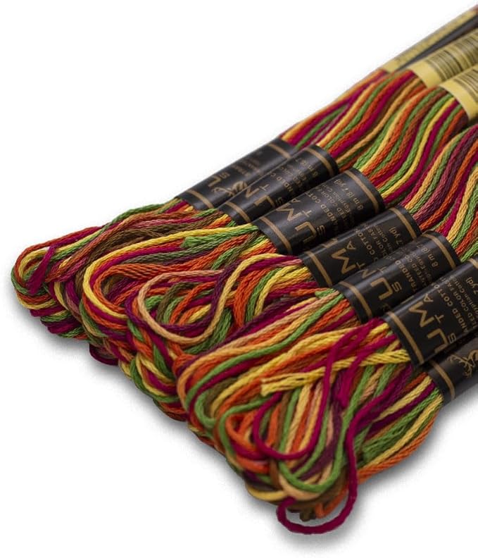 Pack of 12 Premium Embroidery Thread | 100% Egyptian Cotton Premium Skeins | Cross Stitch Embroidery Floss | Oeko TEX Certified | Ideal for Arts & Crafts (Rainbow Variegated 015)
