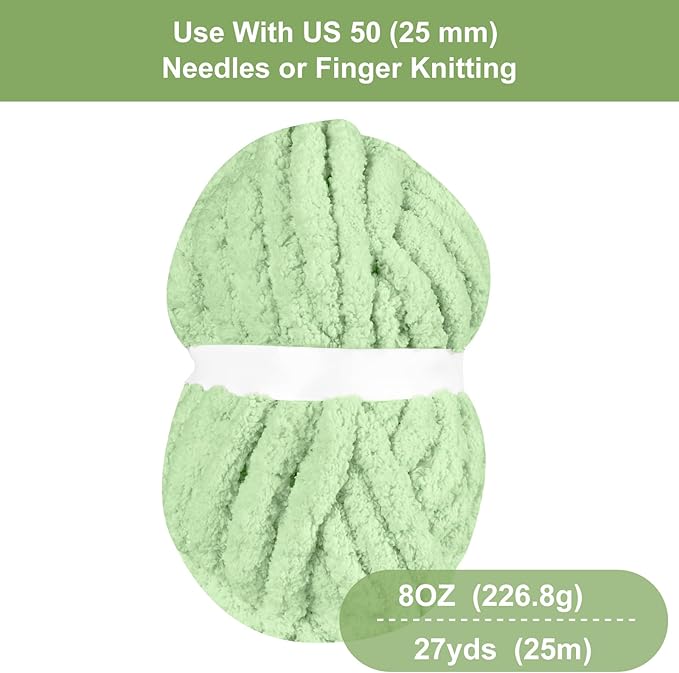 Chunky Chenille Yarn for Hand Knitting,Fluffy Soft Jumbo Yarn by Circular Needle & Crochet Hook,Super Bulky Big Yarn for Chunky Blanket,Large Thick Arm Knitting,8 Pack,Sage Green