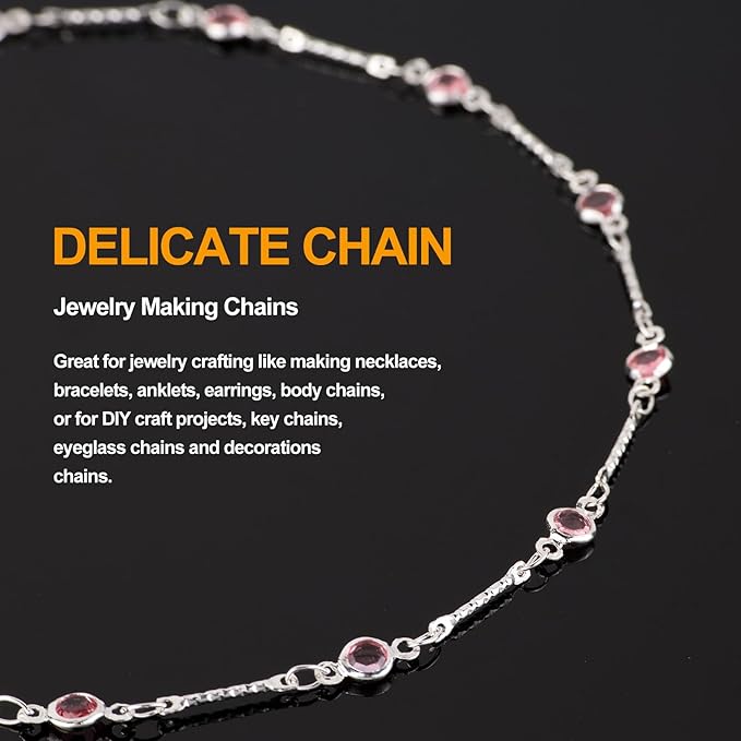 KYUNHOO 16.4 Feet Pink Rhinestone Bead Jewelry Chain Roll Stick Links Silver Chains for Jewelry Making with Connectors DIY Handcrafts