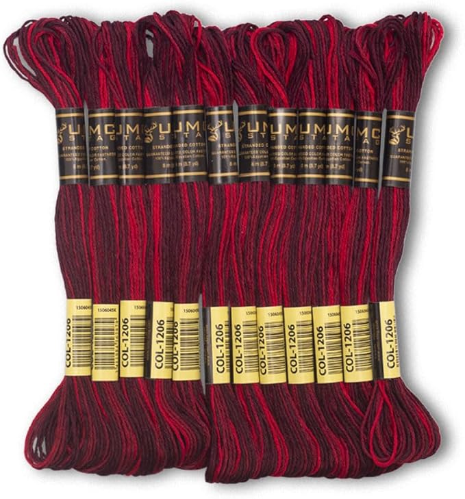Pack of 12 Premium Embroidery Thread | 100% Egyptian Cotton Premium Skeins | Cross Stitch Embroidery Floss | Oeko TEX Certified | Ideal for Arts & Crafts (Dark Red Variegated 1206)