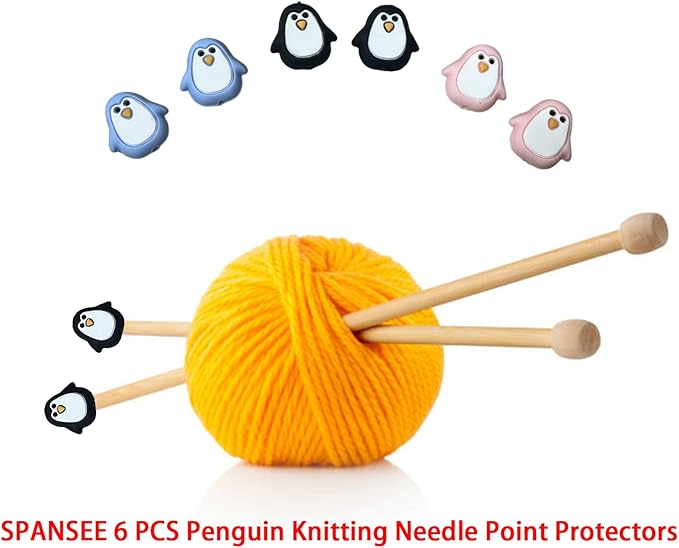 SPANSEE 6 PCS Penguin Knitting Needle Point Protectors, Knitting Needle End Caps, Stitch Stoppers for Knitting Needles, Knitting Accessories fit Size 2.5-13 (3mm-9mm) Needles