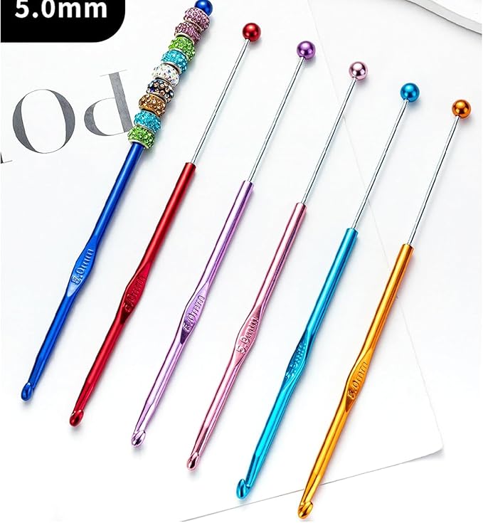 18 Pack DIY Beadable Crochet Hooks Knitting Needles Set Aluminum Handle for Focal Beads Colors (Blue Purple Red Orange Pink Light Blue, 4-6 mm)