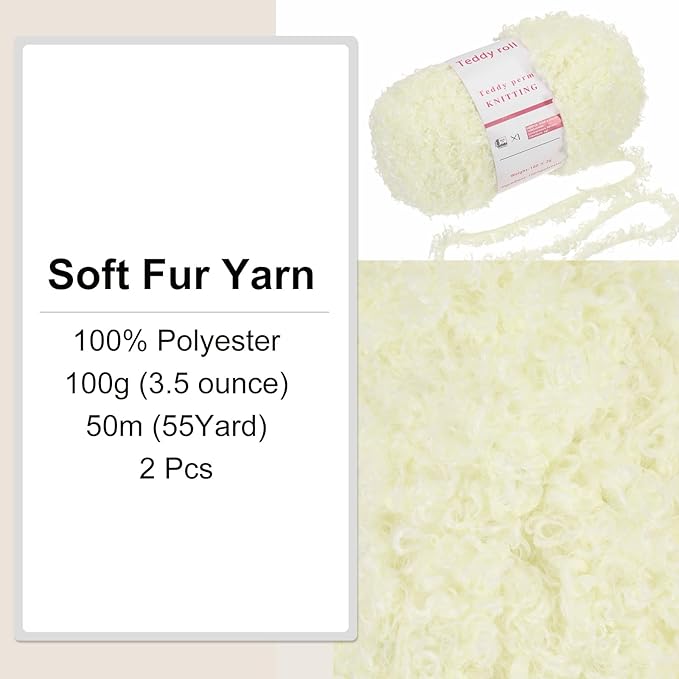 MECCANIXITY 2 Skeins Fur Yarn Soft Fluffy Chunky Yarn Fuzzy Eyelash Yarn Light Cream White for Crocheting Knit Clothes Bag - 55Yard/50m, 3.24ozx2