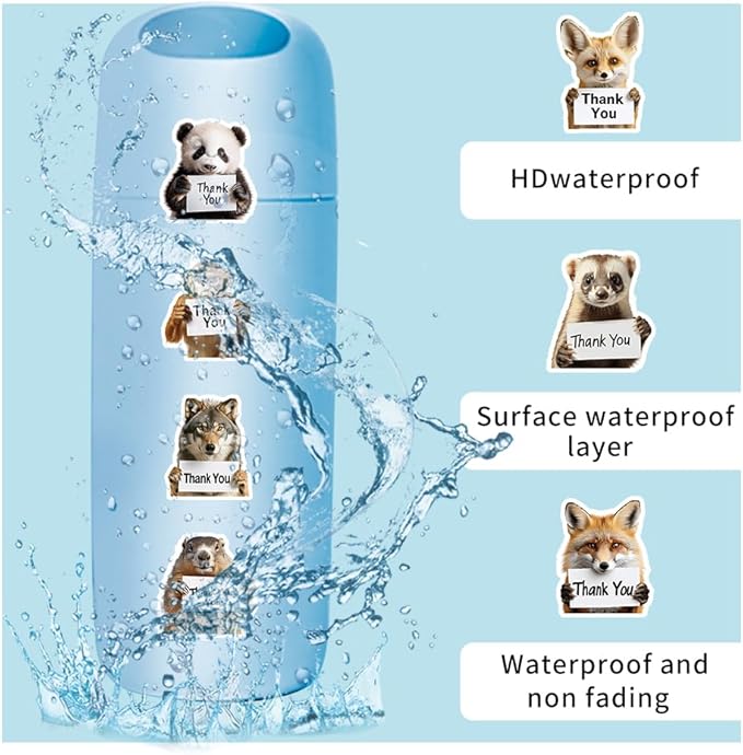 50Pcs Funny Animal Thank You Stickers for Small Business, Thankful Vinyl Waterproof Stickers, Small Business Packaging Supplies & Thanksgiving Gifts