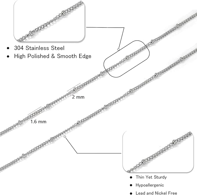 16 Ft Stainless Steel Bead Chain for Jewelry Making, 1.6 mm Thin Silver Ball Beaded Cable Link Chains Roll for DIY Necklace Bracelet Jewelry Making Supplies with Lobster Clasps Soft Tape Measure