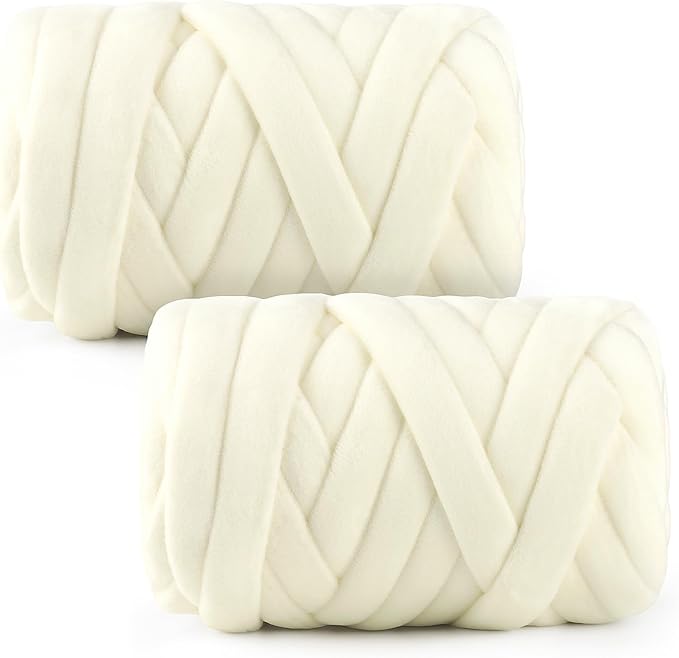 Chunky Yarn for Hand Knitting & Arm Knitting - 2-Pack Value Bundle (1.32lb Total) of Super Bulky Velvet Chenille Tube Yarn for Larger DIY Projects | No-Tool, Machine Washable, Milky White
